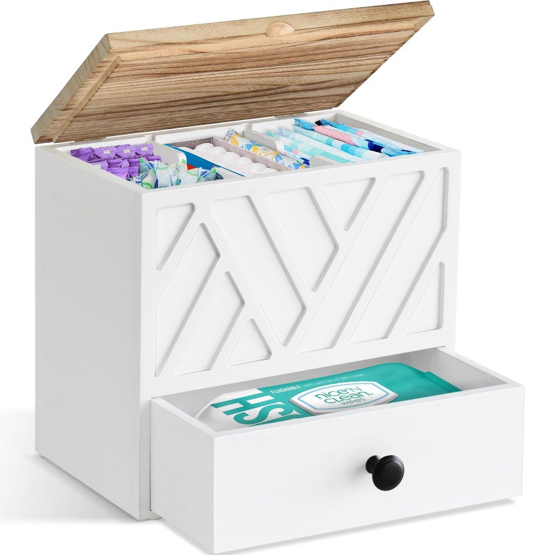 Jorkol Tampon Holder for Bathroom Decor  Feminine Product Organizer with Lid and Drawer  Shark Week Tampon Storage  Wood Pad and Tampon Organizer for Toilet Organizer  Bathroom Accessories Box for Girl Stuff - Image 1
